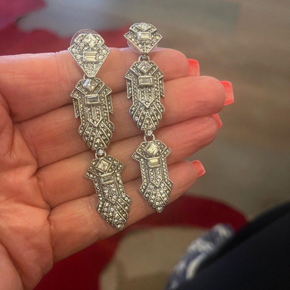Stella & Dot Silver Rhinestone Art Deco Drop Earrings